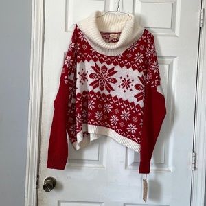 Yes Lola red white turtleneck cowl neck Christmas holiday ugly Christmas sweater